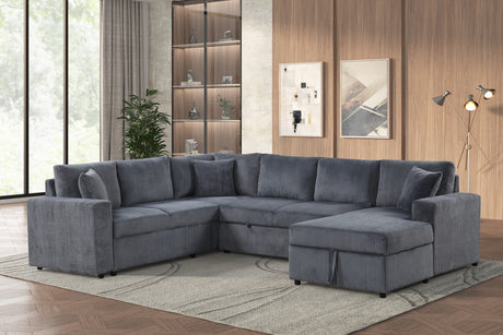 Rinaldo 123'W Gray Corduroy Sleeper Sectional Sofa with Right-Facing Storage Chaise and Throw Pillows - sold by Home Elegance USA