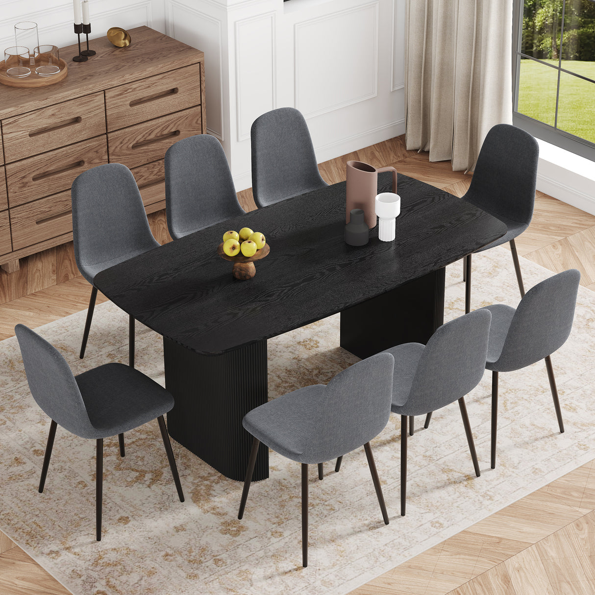 Table and chair set.67 * 35.4 inch black wood grain MDF dining table: a simple and luxurious, stable choice.Paired With 8 Dark Gray Linen Fabric Chairs.Iron Pipe Spraying Chair Legs.