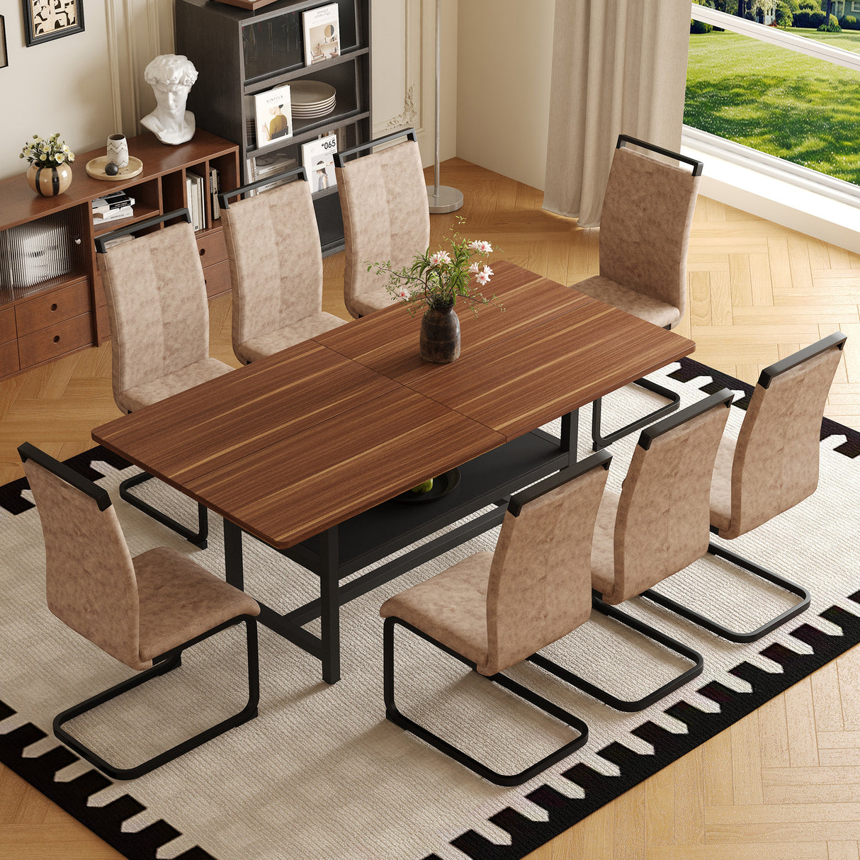 Table and chair set.71 inch long fashionable walnut grain dining table, a practical choice to add color to the home.Paired with 8 Brown Technology Fabric Chairs With C-tube Black Metal Chair Legs.