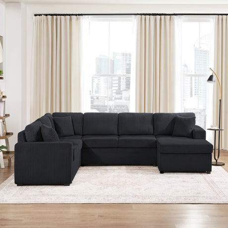 Oversized Sectional Sofa 115.3' U-Shaped Sofa with Chaise Lounge and Three Soft Throw Pillows, Black Corduroy Fabric - sold by Home Elegance USA