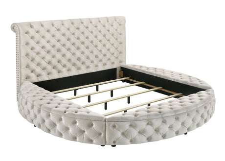 Unique Round Plush Ivory Velvet Button-Tufted Detailing Storage Bed Queen Size White 2x Nightstands Wooden Bedroom Furniture 3pc Set - sold by Home Elegance USA