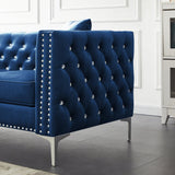 82.3" Width Modern Velvet Sofa Jeweled Buttons Tufted Square Arm Couch Blue,2 Pillows Included | Home Elegance USA