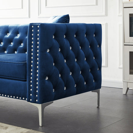 82.3" Width Modern Velvet Sofa Jeweled Buttons Tufted Square Arm Couch Blue,2 Pillows Included - W1117S00010 - image - 5