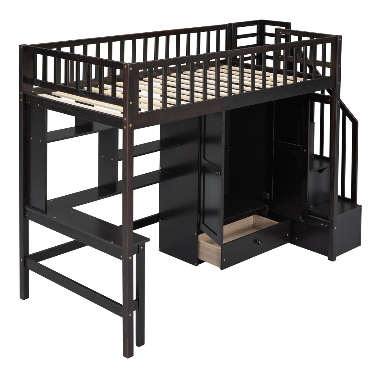 Twin size Loft Bed with Bookshelf,Drawers,Desk,and Wardrobe-Espresso - Home Elegance USA