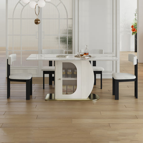 63' Modern 4-6 Person Dining Table with Storage Cabinets, Charred Stone Top & Golden Solid Wood Base, Includes 4 White Velvet Chairs for Kitchen and Apartment - sold by Home Elegance USA