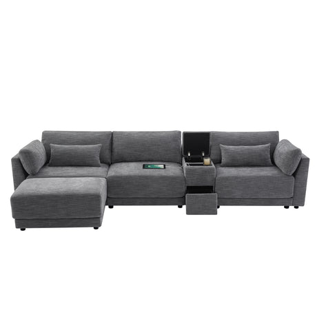 124'' L-Shaped Sectional Sofa with Multi-Functional Storage Console, Wired&Wireless Charger, Movable Ottoman, Wider&Thicker Cushion, Free Combination for Living Room&Apartment, Chenille - sold by Home Elegance USA