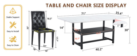Table and chair set.71*35.4 inch White Grain Spliced Dining Table With Storage Function In The Middle Of The Table Legs.Paired with 8 black PU dining chairs with ergonomic buckle backrest. - sold by Home Elegance USA