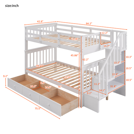 Stairway Twin-Over-Twin Bunk Bed with Three Drawers for Bedroom, Dorm - White(Old sku: LT000309AAK) - sold by Home Elegance USA
