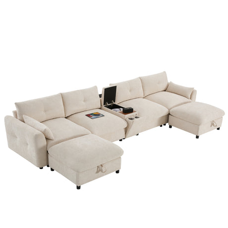 136'' Modular Sectional Sofa with Console, Cup Holder, USB Charger, Movable Storage Ottoman, Pull-line&Tufted Design, U-Shaped Oversized Chenille Sofa for Living Room&Apartment,2 Colors - sold by Home Elegance USA