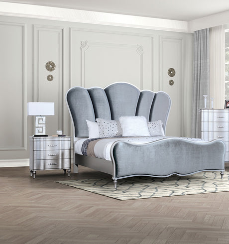 Lovely Attracting Bedroom 3pc Set Queen Size Bed 2x Nightstands Light Gray Fabric Padded HB Wood Leg Silver Color - sold by Home Elegance USA