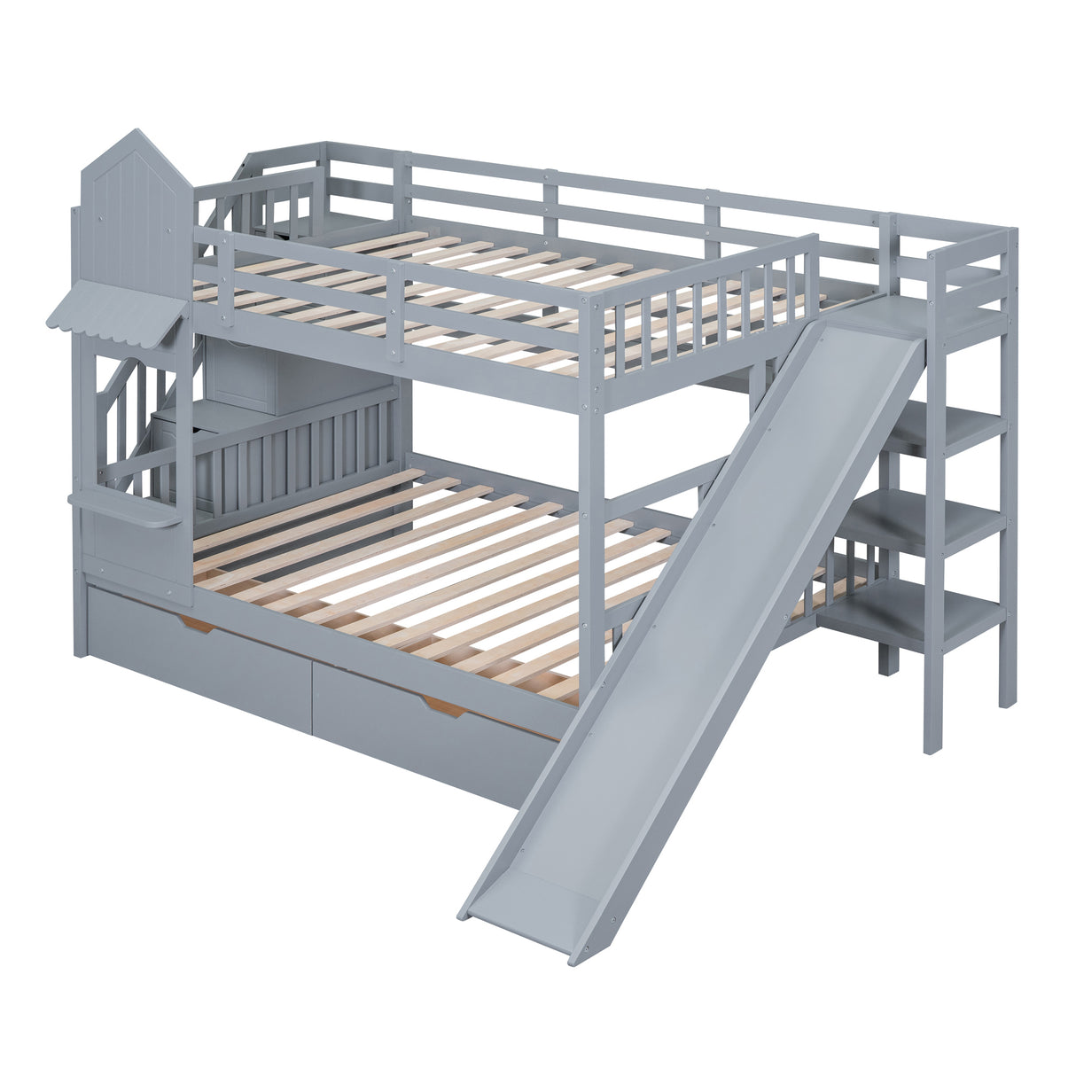 Full-Over-Full Castle Style Bunk Bed with 2 Drawers 3 Shelves and Slide - Gray - Home Elegance USA