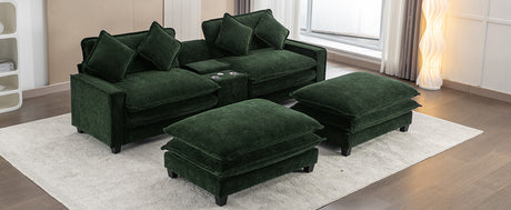 Chenille Upholstered 111' Sectional Sofa with Two Removable Ottomans, USB Ports, Cup Holders, and Storage, Green - sold by Home Elegance USA