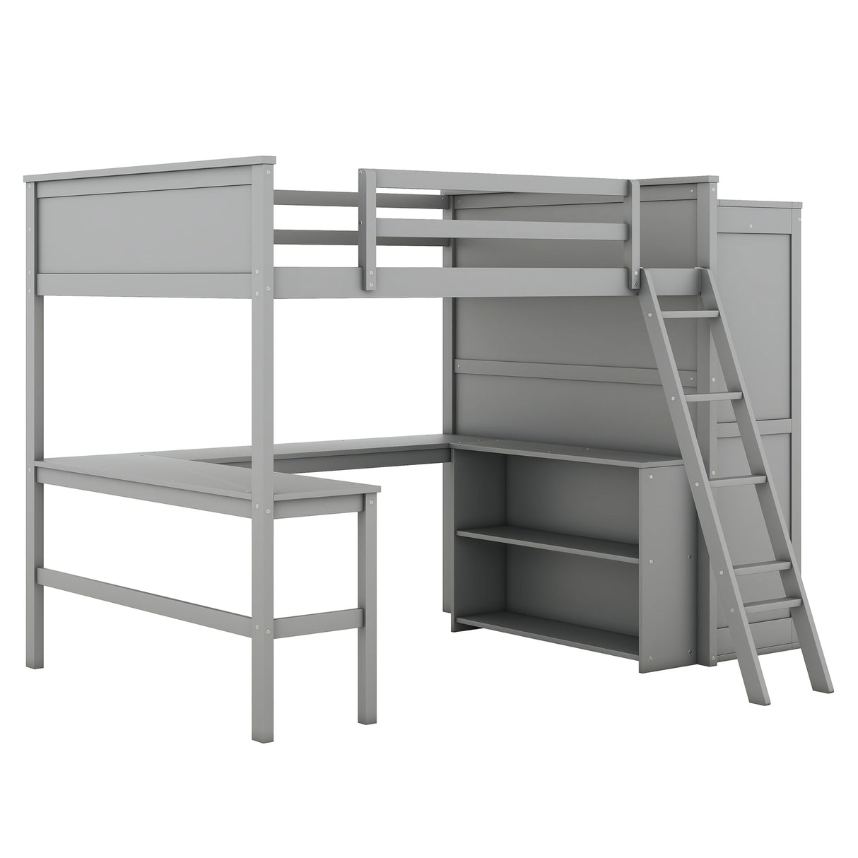 Full size Loft Bed with Desk, Shelves and Wardrobe-Gray - Home Elegance USA