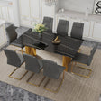 Table and chair set.The table has a glass tabletop with imitation marble pattern stickers and stainless steel golden legs. Paried with 8 comfortable chairs with PU seats and metal legs.W1151S01516