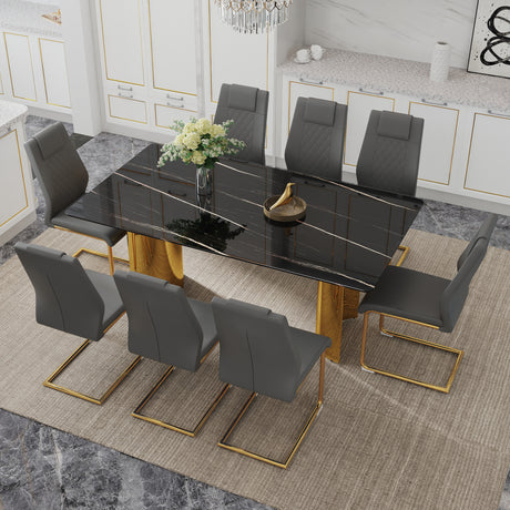 Table and chair set.The table has a glass tabletop with imitation marble pattern stickers and stainless steel golden legs. Paried with 8 comfortable chairs with PU seats and metal legs.W1151S01516