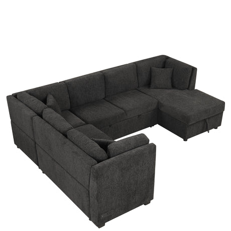 U-shaped Sectional Sofa Pull Out Bed with USB Ports, Power Sockets, Back Pillows & Storage Chaise, Black Chenille, 108.6' - sold by Home Elegance USA