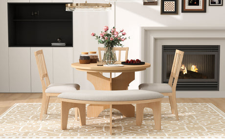 TREXM 5-piece Rustic Charm Round Dining Set with 3 Upholstered Chairs and Curved Bench for Dining Room, Kitchen and Living Room (Natural) - sold by Home Elegance USA