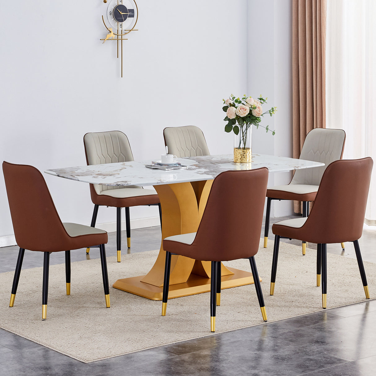 Table and chair set.71'x35.4'x30' Luxurious Pandora Patterned Glass Dining Tabletop with Golden Back To Back C-Shaped MDF Legs.Paried With 6 Brown and Light Gray Spliced Color PU Chairs.