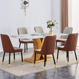 Table and chair set.71'x35.4'x30' Luxurious Pandora Patterned Glass Dining Tabletop with Golden Back To Back C-Shaped MDF Legs.Paried With 6 Brown and Light Gray Spliced Color PU Chairs.