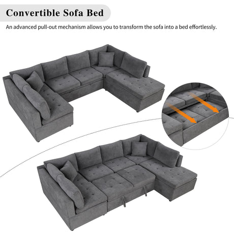 Oversized Sectional Sofa U-shaped Couch Pull-out Sofa Bed with Two Throw Pillows Gray Chenille 117.3' - sold by Home Elegance USA