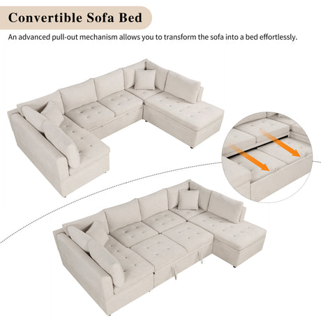 Oversized U-Shaped Sectional Sofa Couch with Pull-out Bed, Beige Chenille, 117.3' - sold by Home Elegance USA