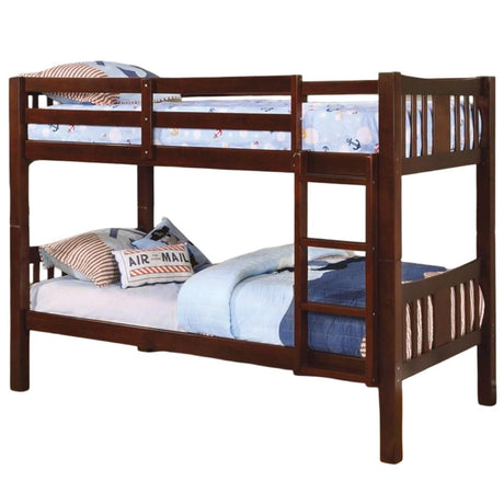 Twin Over Twin Transitional Style Bunk Bed Dark Walnut Finish Attached Ladder Rails And Lock Joint Structure Trundle-Included Espresso Finish - sold by Home Elegance USA