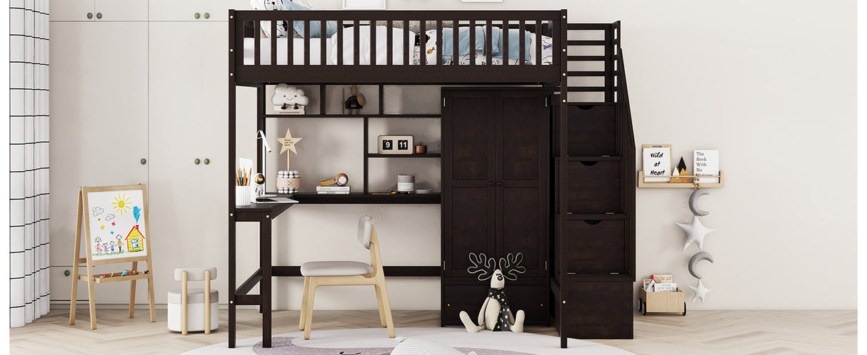 Full size Loft Bed with Bookshelf,Drawers,Desk,and Wardrobe-Espresso - Home Elegance USA