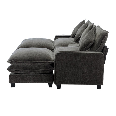 Modern Chenille Upholstered Sectional Sofa with Ottomans, USB Ports, Cup Holders, and Storage in Grey - sold by Home Elegance USA