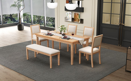 TREXM Vintage Extendable Dining Table Set for 6 with 4 Chairs & Bench, 59 to 72-Inch Rustic Farmhouse Kitchen Table Set with Distressed Finish and Retro Carved Legs (Natural Wood Wash) - sold by Home Elegance USA