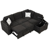 L-Shaped Reversible Sectional Sofa Bed with Storage - 83.8 inch, Pull-Out Couch, USB Ports, Power Outlets & Cup Holder, Black - Home Elegance USA