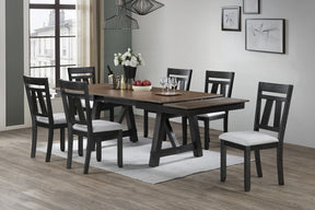 7pc Cottage Style Extendable Dining Table Set Wheat Charcoal Tow Tone Finish Upholstered Chair Dining Room Wooden Furniture Two Self-Storing Refectory Leaves Solid Wood