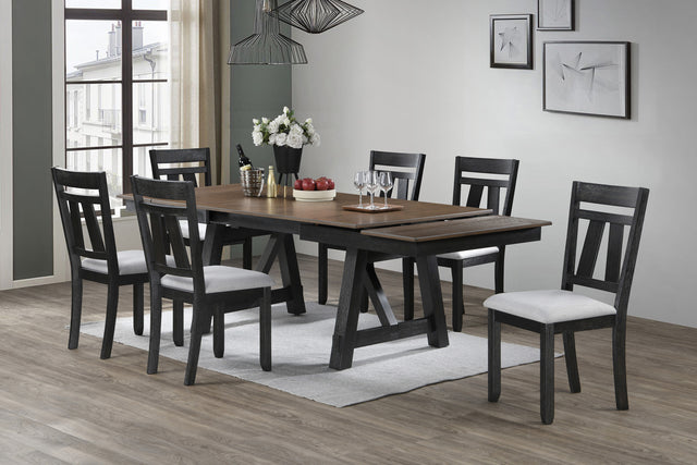 7pc Cottage Style Extendable Dining Table Set Wheat Charcoal Tow Tone Finish Upholstered Chair Dining Room Wooden Furniture Two Self-Storing Refectory Leaves Solid Wood