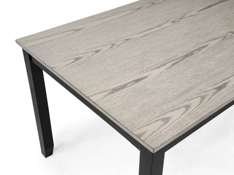 6pc Dining Set Rectangular Table Features Weathered Gray Finish Wood Grain Wide Slat Backs Padded Seats Upholstered Textured Neutral Fabric Chair Bench - sold by Home Elegance USA