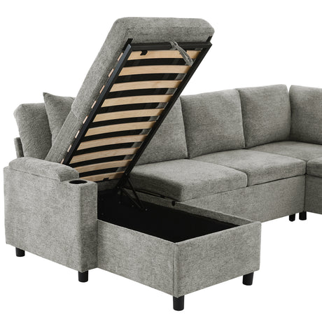 Versatile Light Grey Chenille Sectional Sofa Bed with Storage, Cup Holders & Charging Ports, 109.9' - sold by Home Elegance USA