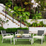 4 Pieces Patio Garden Sofa Conversation Set Wood Grain Design PE Steel Frame Loveseat All Weather Outdoor Furniture Set with Cushions Coffee Table for Backyard Balcony Lawn White