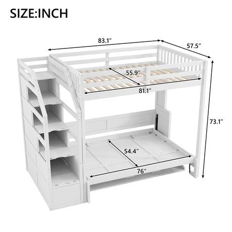 White Full XL Loft Bed with Storage Staircase, Murphy Bed, LED Light, Solid Pine and MDF, 101.2''L x 59.1''W x 73''H - sold by Home Elegance USA