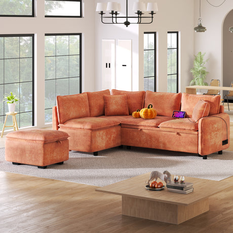 Convertible L-shaped Sofa Bed with Storage Ottoman, Power Sockets & USB Ports, Orange Chenille, 82.67' - sold by Home Elegance USA