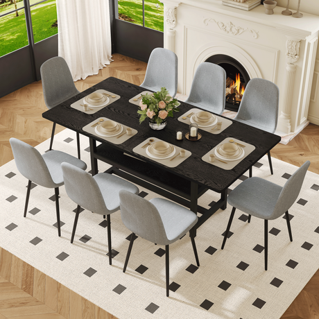Table and chair set.71*35.4 inch Black Grain Spliced Dining Table With Storage Function In The Middle Of The Table Legs.Paired with 8 Light Gray Linen-Cotton Material High Resilience Dining Chairs. - sold by Home Elegance USA
