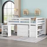 Low Study Full Loft Bed with Cabinet ,Shelves and Rolling Portable Desk ,Multiple Functions Bed- White(OLD SKU:LT000313AAK)