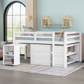 Low Study Full Loft Bed with Cabinet ,Shelves and Rolling Portable Desk ,Multiple Functions Bed- White(OLD SKU:LT000313AAK)