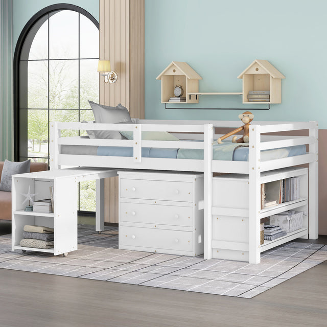 Low Study Full Loft Bed with Cabinet ,Shelves and Rolling Portable Desk ,Multiple Functions Bed- White(OLD SKU:LT000313AAK)