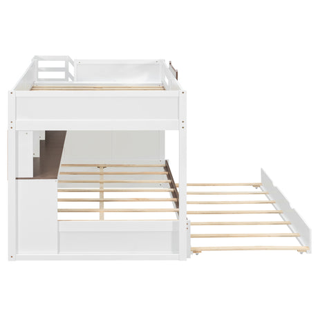 Full Over Full Bunk Bed with Twin Size Trundle and Staircase, Shelves, LED,White - sold by Home Elegance USA