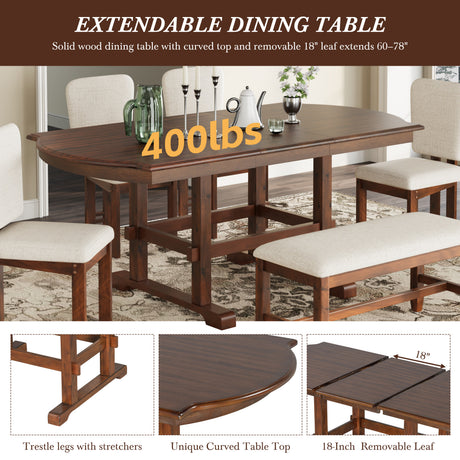 TOPMAX 6 Pieces 78inch Extendable Wood Dining Table Set with Bench, Traditional Kitchen Table Set with 18inch Removable Leaf and 4 Upholstered Dining Chairs, Espresso+Beige - sold by Home Elegance USA