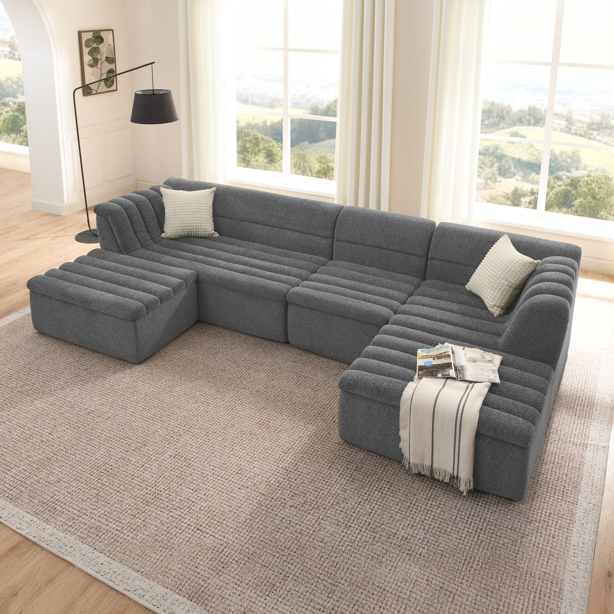 135' U-Shaped Modular Sectional Sofa with Chaise and Movable Ottoman for Living Room, Chenille Upholstered Boneless Couches with Wave-Shaped Armrest, No Pillows Included