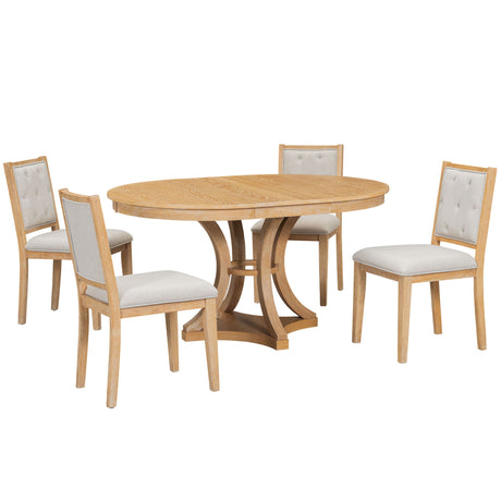 TREXM 5-Piece Retro Functional Dining Table Set Extendable Round Table and 4 Upholstered Chairs for Dining Room and Living Room (Natural) - sold by Home Elegance USA