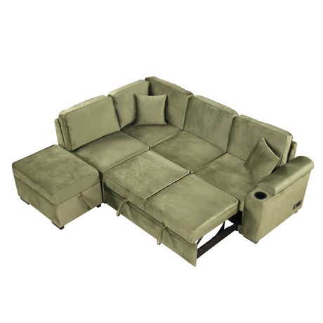 Green Velvet Sleeper Sofa Bed with Storage Ottoman, L Shape Pull Out Couch for Living Room and Bedroom - sold by Home Elegance USA