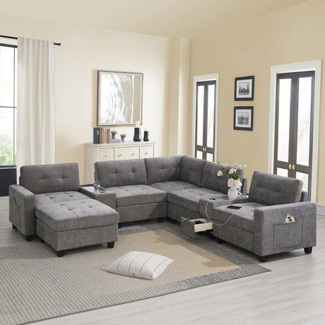 Modern Chenille U-Shaped Sectional Sofa with Acrylic Table Top, USB Charger, Storage Drawers, and Movable Ottoman in Gray - sold by Home Elegance USA