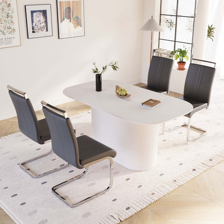 63 'medieval modern cream style MDF dining table and PU armless dining chair set 4. Assemble Desktop and Silver plated metal leg dining chair set, suitable for home&kitchen - sold by Home Elegance USA