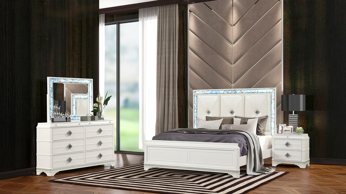 Laguna Modern Style 4 Pc King Upholstered Bedroom Set Made with Wood and Crystal Accents in White