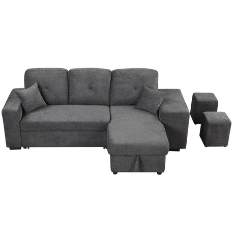 Reversible Sleeper Sectional Sofa Bed with Side Shelf and 2 Stools, Pull-Out L-Shaped Sofa Bed, Velvet Blue Black - sold by Home Elegance USA